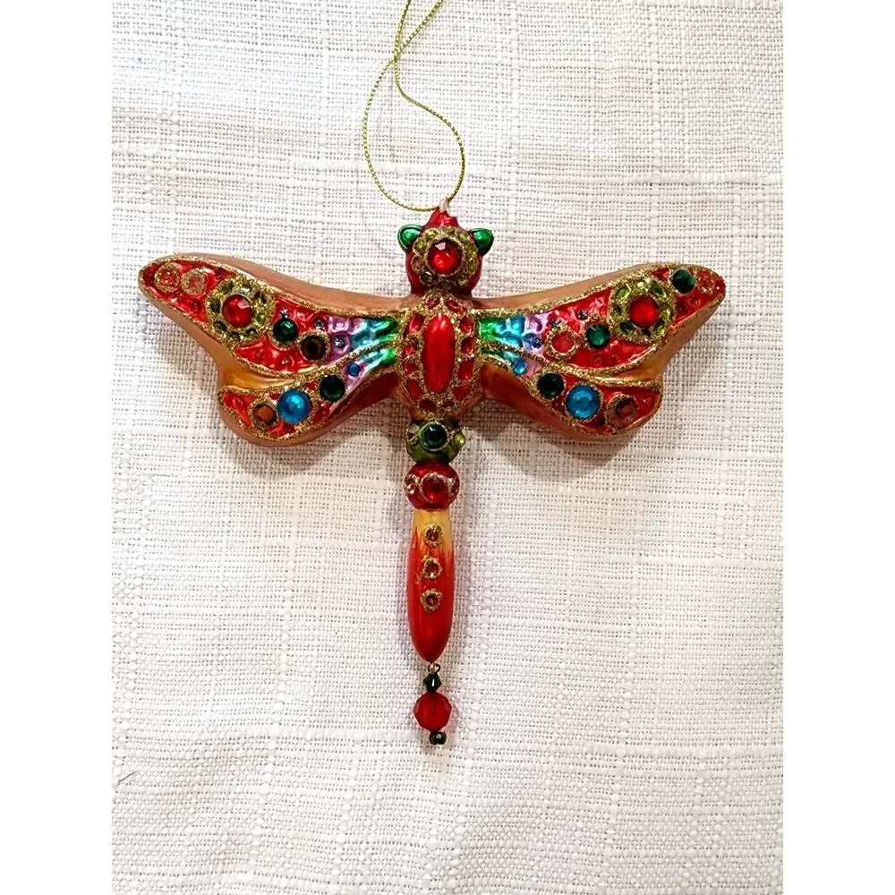 Jeweled Glass Dragonfly Christmas Ornament Rhinestone Mosaic Gold Iridescent